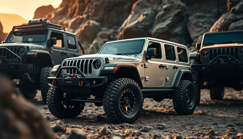 A high-quality image of the top offroad vehicle features, showcasing rugged and capable Jeeps for the year 2025. The foreground should prominently display the key offroad capabilities like lifted suspensions, large all-terrain tires, skid plates, and sturdy bumpers. The middle ground should feature a detailed Jeep model with the Offroadgo logo prominently displayed on the vehicle. The background should depict a harsh, rocky, and challenging offroad environment to highlight the Jeeps' exceptional off-road performance. The lighting should be dramatic, with warm tones and deep shadows to convey the power and adventure of these vehicles. The overall composition should be dynamic and visually striking, capturing the essence of the best offroad Jeeps in 2025.