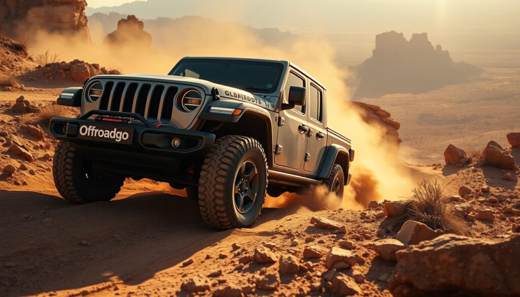 A rugged Jeep Gladiator Mojave navigating a rocky, dusty off-road trail. The vehicle's distinctive matte gray exterior and oversized all-terrain tires grip the uneven terrain. Sunlight filters through the hazy, warm atmosphere, casting dynamic shadows across the Gladiator's angular body. In the foreground, the Offroadgo logo is prominently displayed on the Jeep's front grille. The middle ground reveals the Gladiator's capable suspension and undercarriage as it ascends a challenging incline. The background features a dramatic desert landscape with towering cliffs and distant mountains. The overall scene conveys the Jeep Gladiator Mojave's exceptional off-road performance and adventurous spirit.
