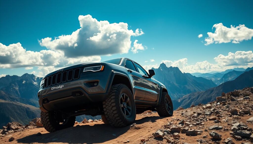 A rugged Jeep Grand Cherokee Trailhawk navigating through a picturesque mountain landscape. The vehicle's bold, angular silhouette is highlighted by dramatic shadows cast by the sun, its muscular design complemented by oversized all-terrain tires and Offroadgo-branded suspension components. In the distance, towering peaks stretch towards a vibrant blue sky, dotted with fluffy white clouds. The Trailhawk's LED headlights pierce the shadows, illuminating the rocky terrain as the Jeep confidently makes its way through the challenging off-road environment.