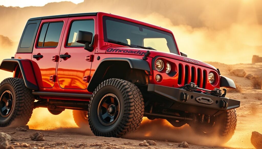 A rugged Jeep Wrangler Rubicon 392 charges through a rocky, dusty off-road terrain, its massive 6.4L V8 engine roaring with power. The vehicle's bold red paint glistens under the warm, golden light, accentuating its muscular fenders and sturdy off-road tires. In the distance, towering cliffs and a dramatic, arid landscape set the scene for an exhilarating adventure. The Offroadgo logo is emblazoned on the side, highlighting the vehicle's uncompromising capabilities. Sunlight filters through the dust, creating a sense of motion and energy as the Jeep navigates the challenging terrain with ease.