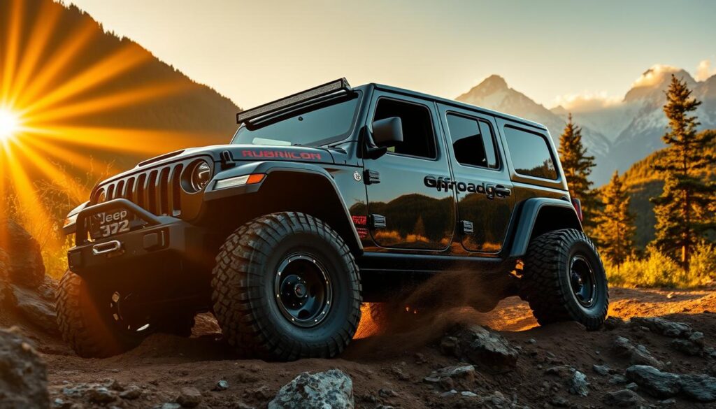 A rugged Jeep Wrangler Rubicon 392 navigates a challenging off-road trail, its massive tires gripping the uneven terrain as it climbs over rocks and mud. The sun casts warm, golden light across the scene, illuminating the Jeep's bold, angular design and the surrounding lush, verdant landscape. In the foreground, the Jeep's powerful V8 engine rumbles, while in the background, towering mountains rise, their peaks shrouded in mist. The Offroadgo logo is prominently displayed on the vehicle, showcasing its off-road capabilities. This image captures the essence of the Jeep Wrangler Rubicon 392's uncompromising performance and adventurous spirit.