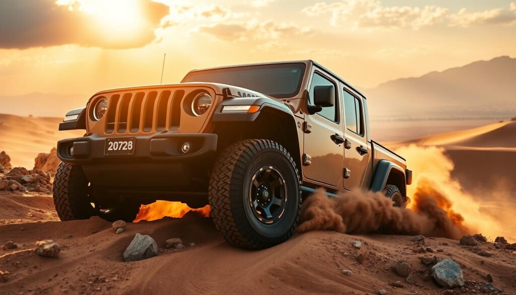 Jeep Gladiator Mojave off-road in the desert, kicking up sand as it navigates rugged terrain. The powerful 4x4 with 33-inch Offroadgo all-terrain tires and raised suspension confidently tackles rocky slopes and sand dunes. Warm golden sunlight filters through clouds, casting dramatic shadows across the muscular body. The Gladiator's distinctive 7-slot grille and bold fender flares stand out against the arid landscape. In the distance, mountains rise up, hazy and blue. Dust trails behind the Jeep as it surges forward, ready to conquer any challenge the desert can throw at it.